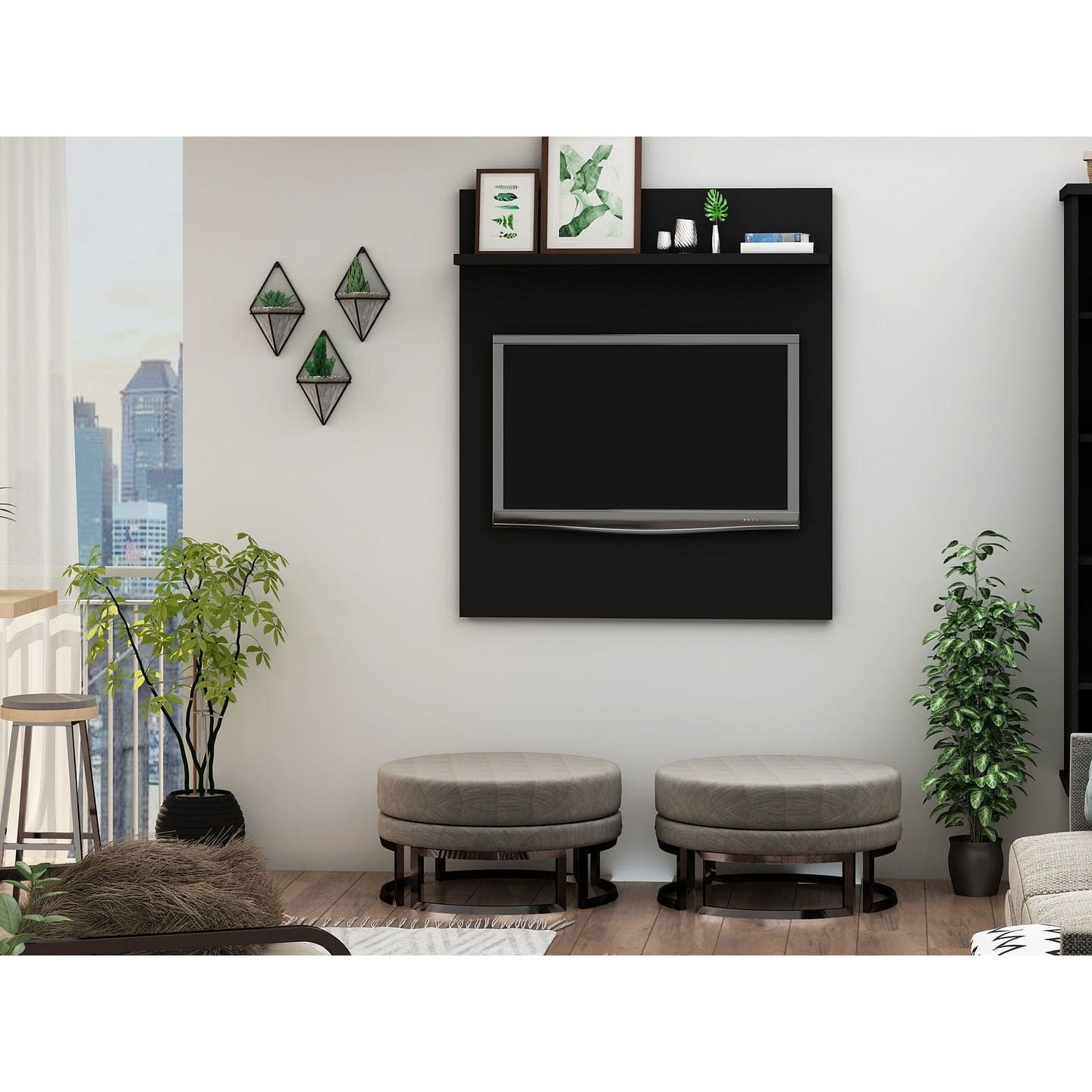 Manhattan Comfort Tribeca 35.43 Mid-Century Modern TV Panel with Overhead Decor Shelf in Black