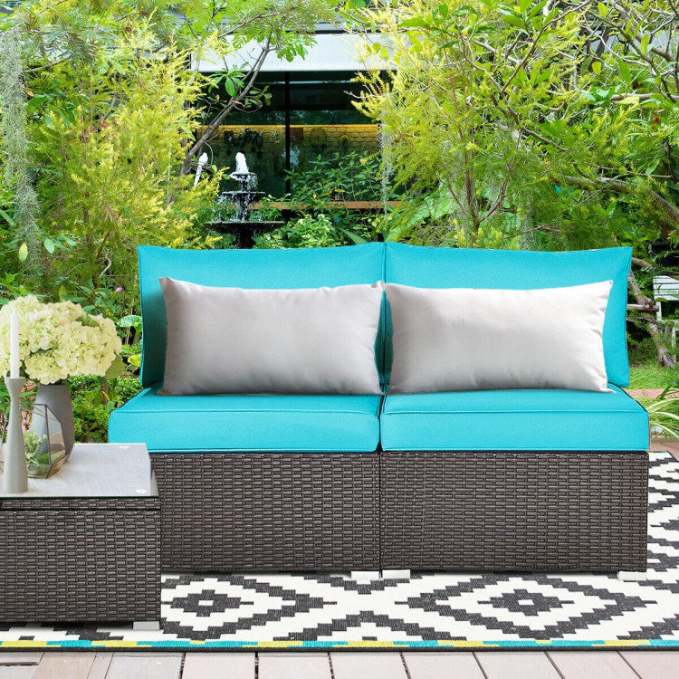 2 Pieces Patio Rattan Armless Sofa Set with 2 Cushions and 2 Pillows