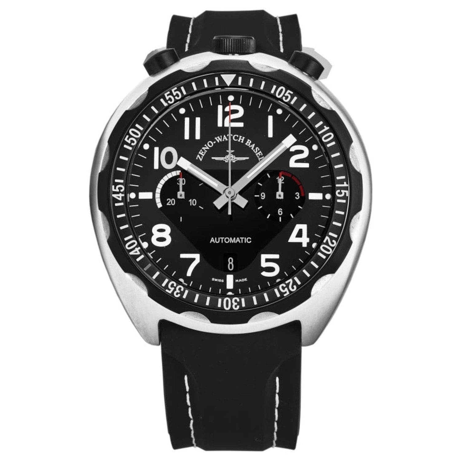 Zeno 6528-THD-A1 Men's 'Pilot Bullhead' Chrono Limited Edition Black Dial Black/White Rubber Strap Automatic Watch