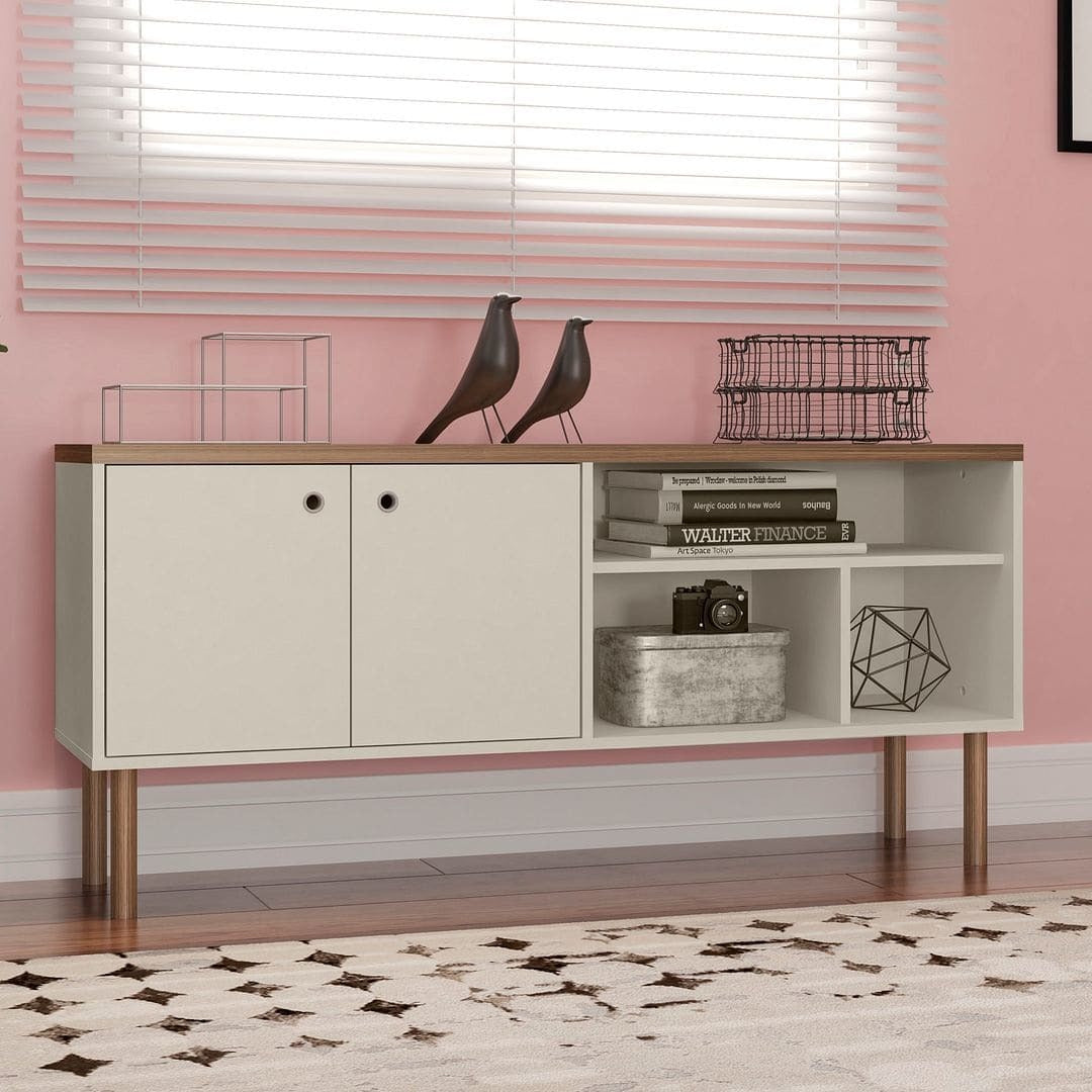 Manhattan Comfort Windsor 53.54 Modern TV Stand with Media Shelves and Solid Wood Legs in Off White and Nature