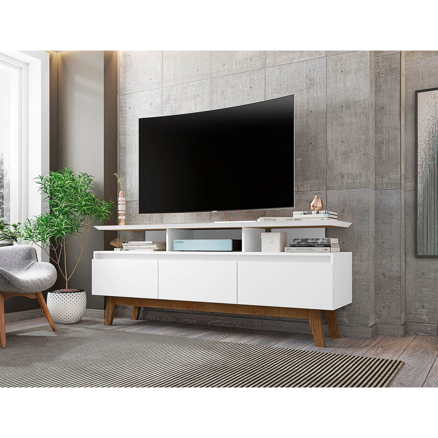 Manhattan Comfort Yonkers 62.99 TV Stand with Solid Wood Legs and 6 Media and Storage Compartments in White