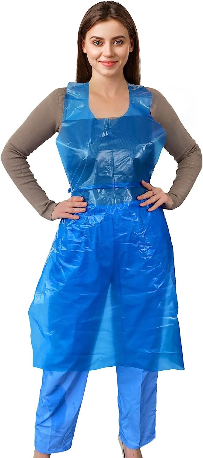 Disposable PE Aprons 28" x 46" in Bulk. Pack of 100 Blue Polyethylene Aprons 2 mil. Poly Waterproof Workwear. Industrial Uniform Aprons for Men; Women. Unisex Aprons for Cooking.