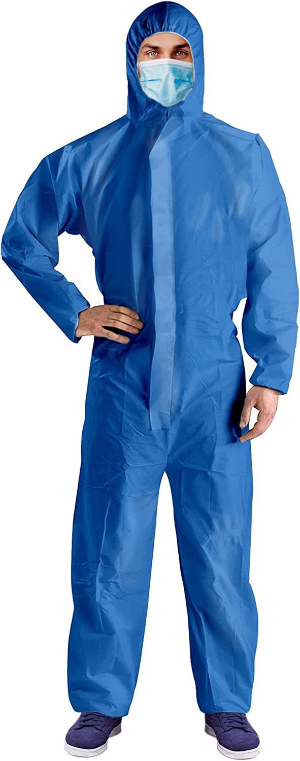 Disposable Coveralls with Hood X-Large; Pack of 5 Blue Hazmat Suits Disposable with Front Zip; Elastic Wrists & Ankles; 50gsm SMS Lab Coveralls Disposable; Waterproof Unisex Paint Suit Disposable