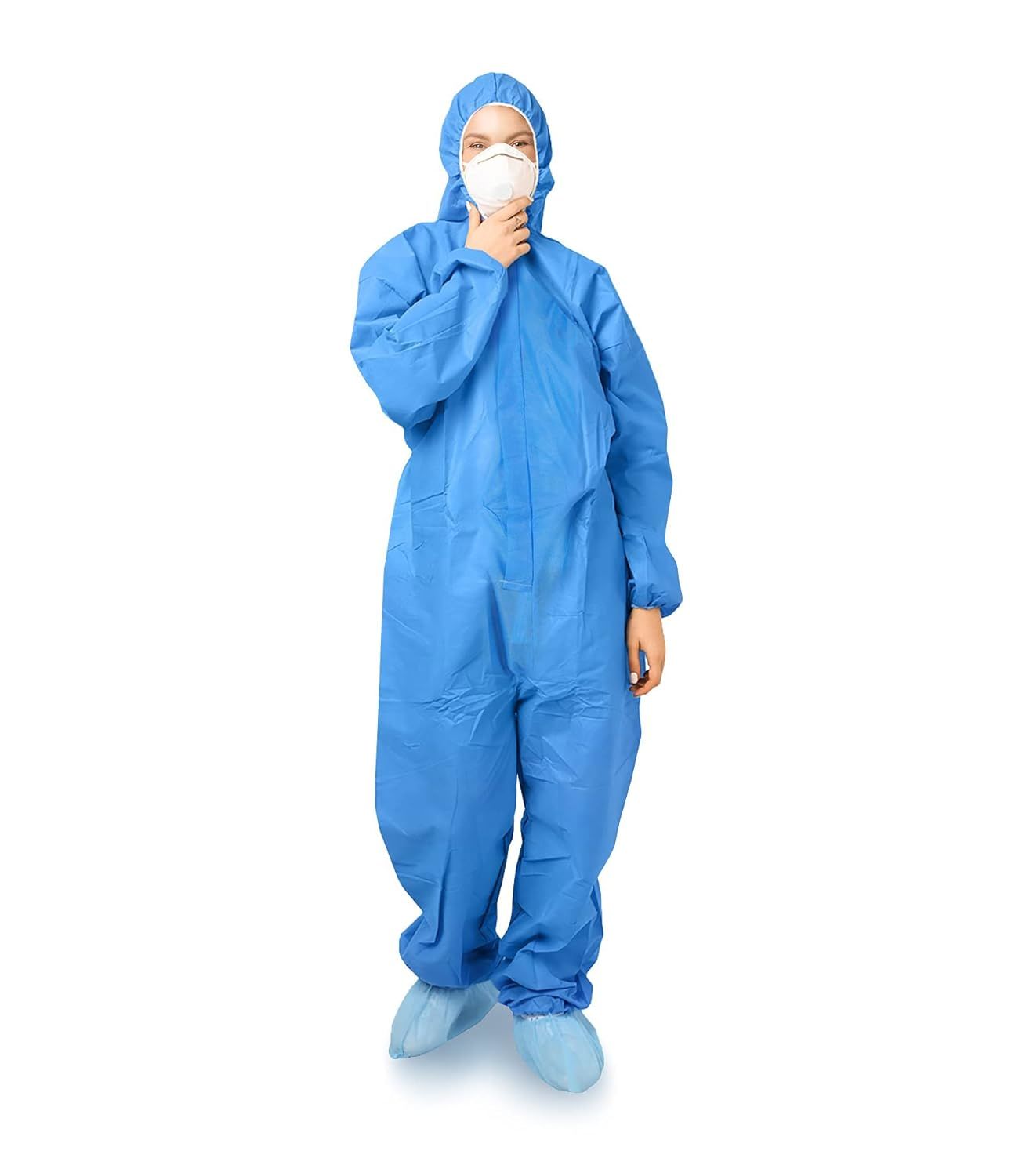 Pack of 5 Blue SMS Coveralls with Hood; Elastic Cuffs; Ankles; Waist; Zipper. XX-Large Industrial Unisex Disposable PPE Workwear for Cleaning; Painting. Breathable Full Body Protective Suits.