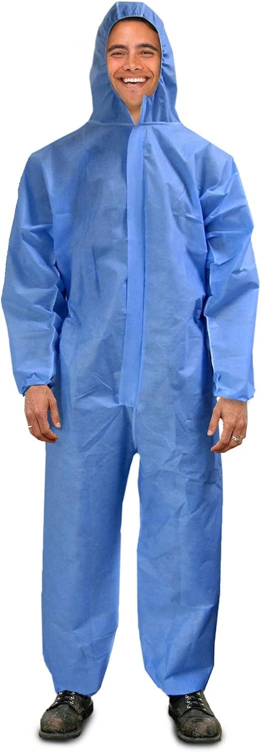 Disposable Coverall XX-Large Size Blue Polypropylene Overall SMS with Zipper; Hood; Elastic Cuffs; Ankles; Waist; No Pockets. Unisex Workwear for Cleaning; Manufacturing. Breathable Coveralls