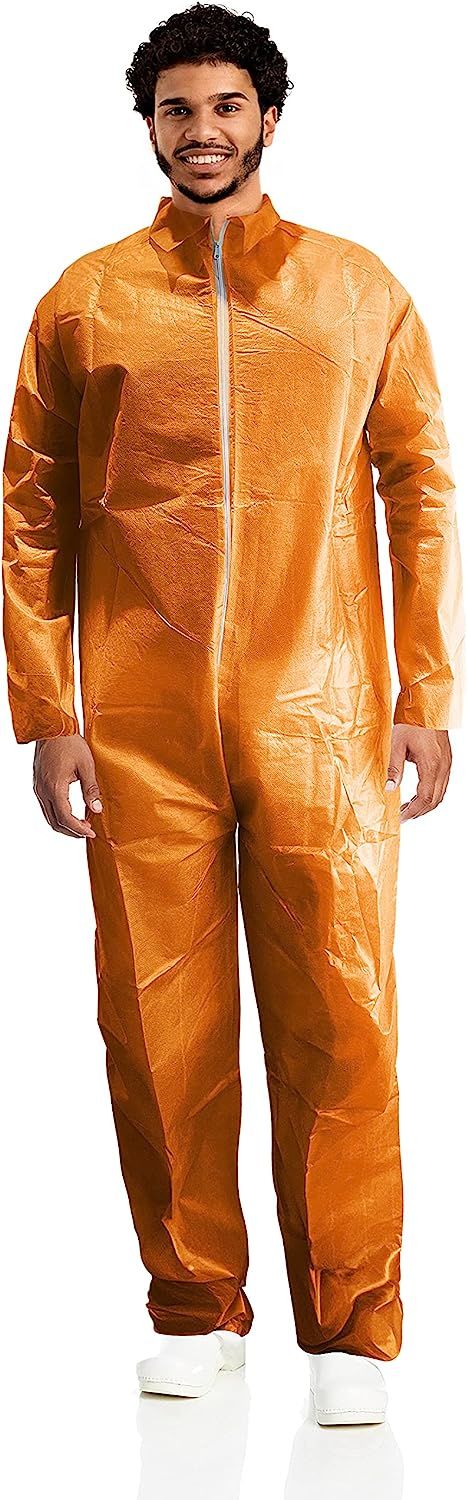 Hazmat Suit Disposable Coverall XX-Large. Orange Non Hooded Coveralls for Men and Women. Polypropylene Polyethylene 40 GSM Paint Suit Coveralls Open Wrists; Ankles. Painting Suit