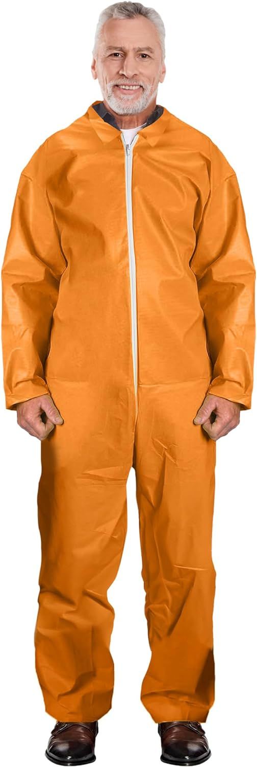 Disposable Coveralls 66" Long. Pack of 5 Orange Adult Industrial PPE Workwear Large. Unisex Laminated Polypropylene 40 gsm Full Body Protective Suits with Open Wrists; Zipper for Painting.