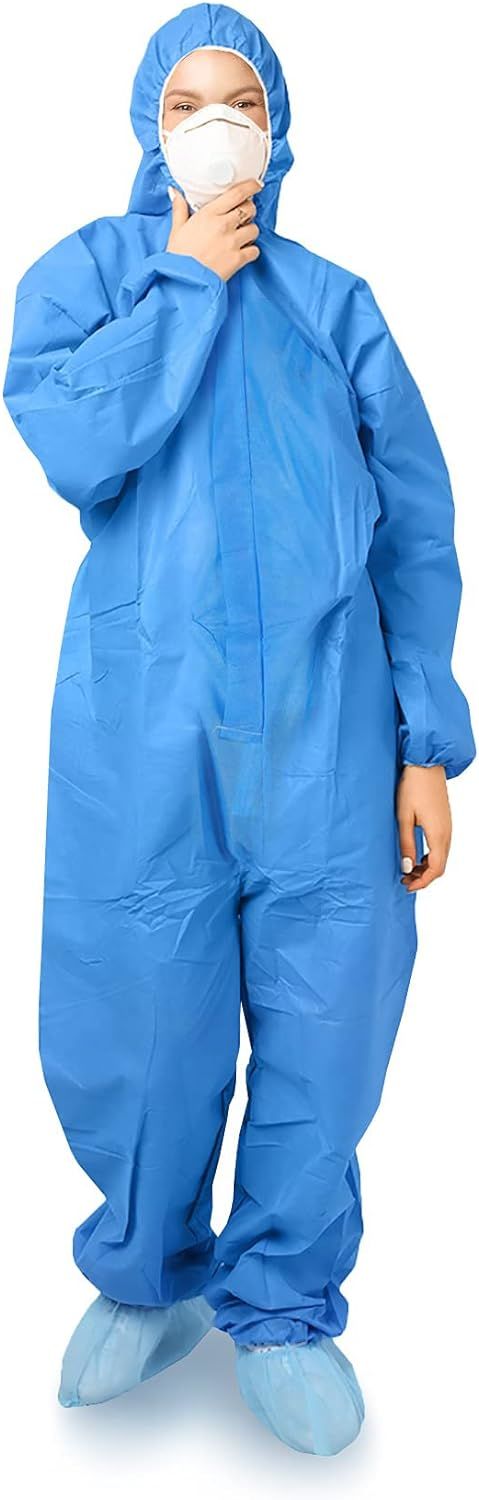 Pack of 5 Blue SMS Coveralls with Hood; Elastic Cuffs; Ankles; Waist; Zipper. X-Large Industrial Unisex Disposable PPE Workwear for Cleaning; Painting. Breathable Full Body Protective Suits.