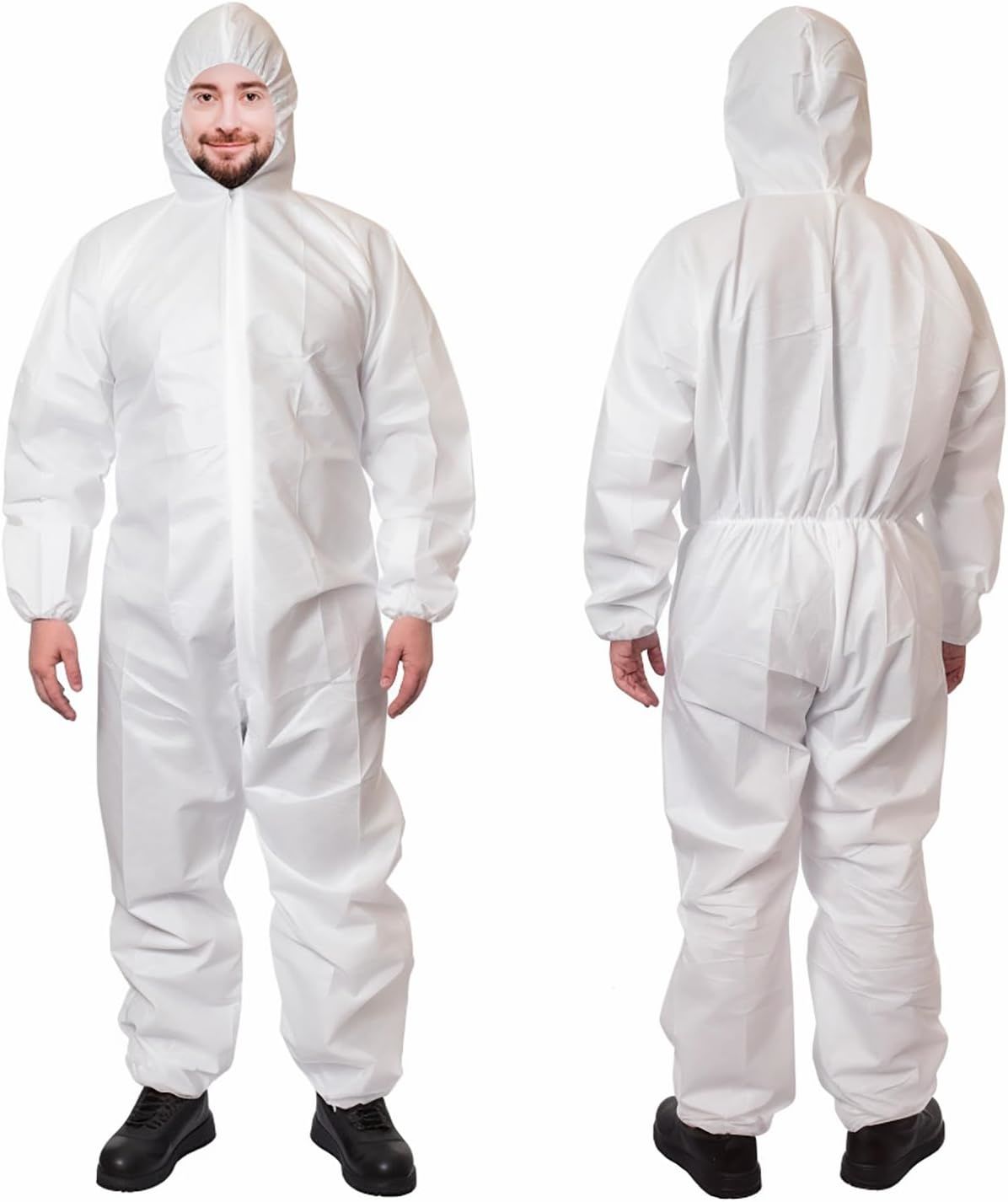 Disposable SF Coverall. Pack of 5 White Small Full Body Protective Suit of Laminated Polypropylene 60 gsm. Adult Unisex PPE with Microporous Film; Hood; Zipper; Elastic Wrists for Painting.