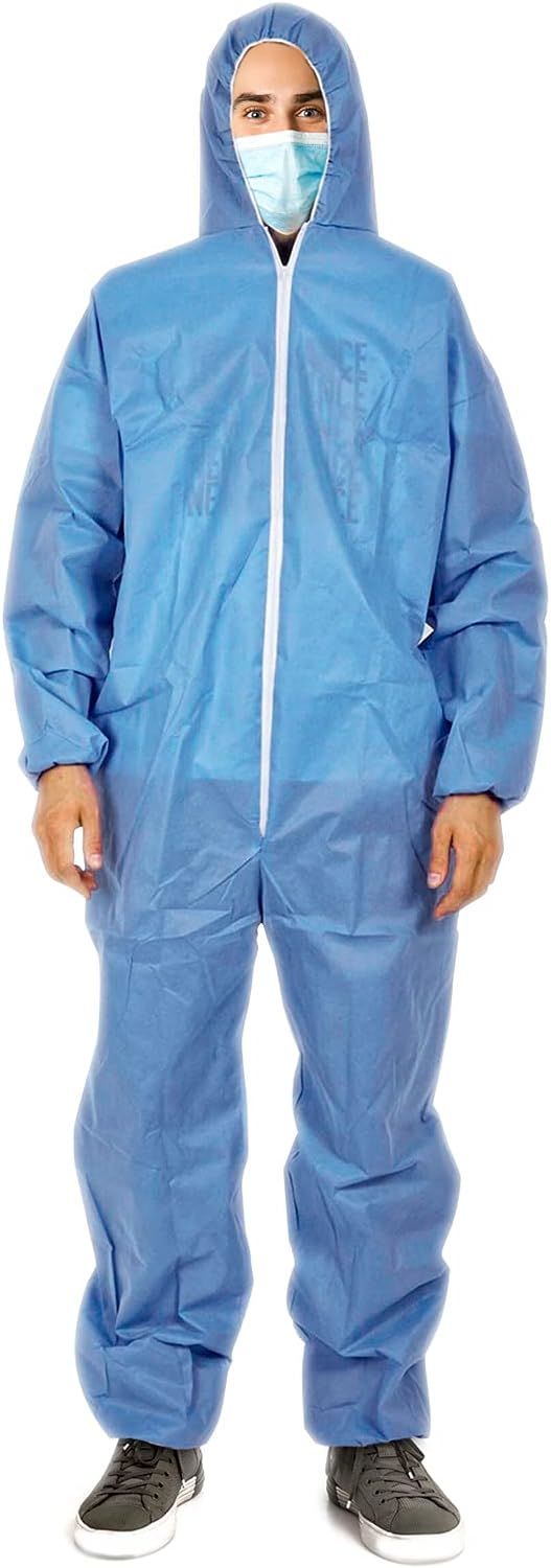 Disposable Coveralls Large; Blue Disposable Suits with Hood; Zipper; Elastic Cuffs; and Ankles; Polypropylene Hazmat Suits; Unisex Protective Suit for Cleaning; Painting; Manufacturing