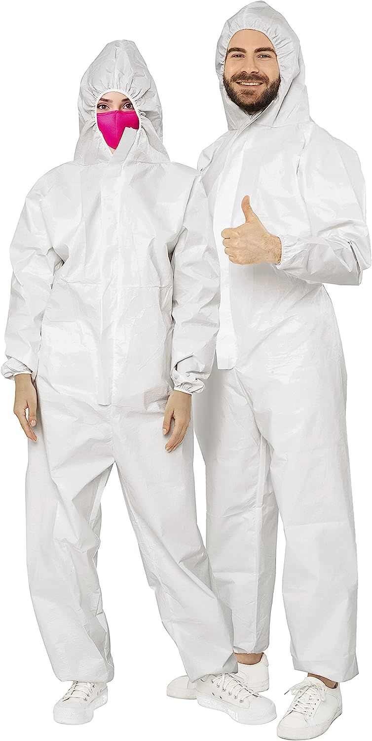 Hazmat Suits Disposable Coveralls. Pack of 5 Painters Suits 3X-Large Dust Protective Hooded Coveralls; Paint Suit Disposable Protective Suits. 55G Microporous Coveralls for Spray Painting