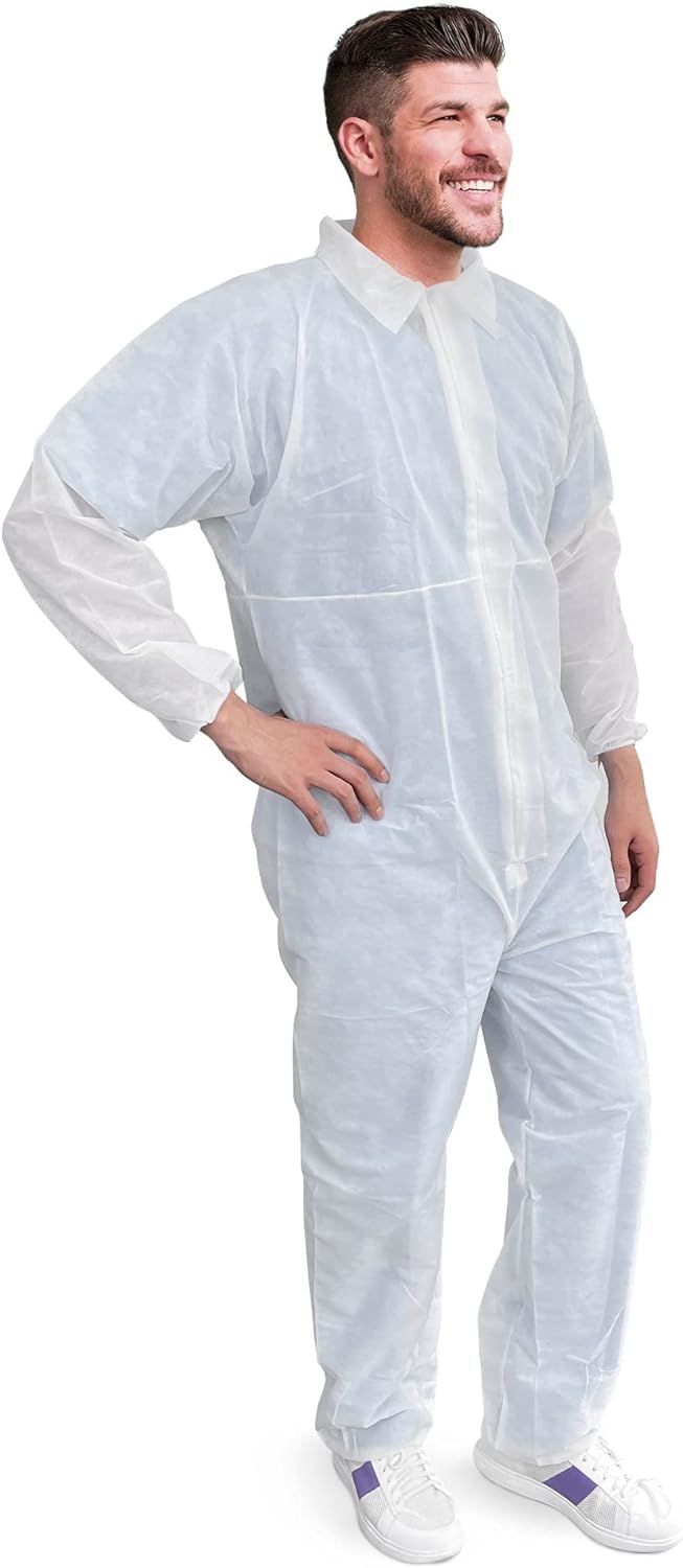 White Protective Suits XX-Large. Pack of 5 Disposable Coveralls. 50gm/m2 Polypropylene Hazmat Suits with Zipper Front; Elastic Wrists; Open Cut Ankles. Full Body Paint Suit