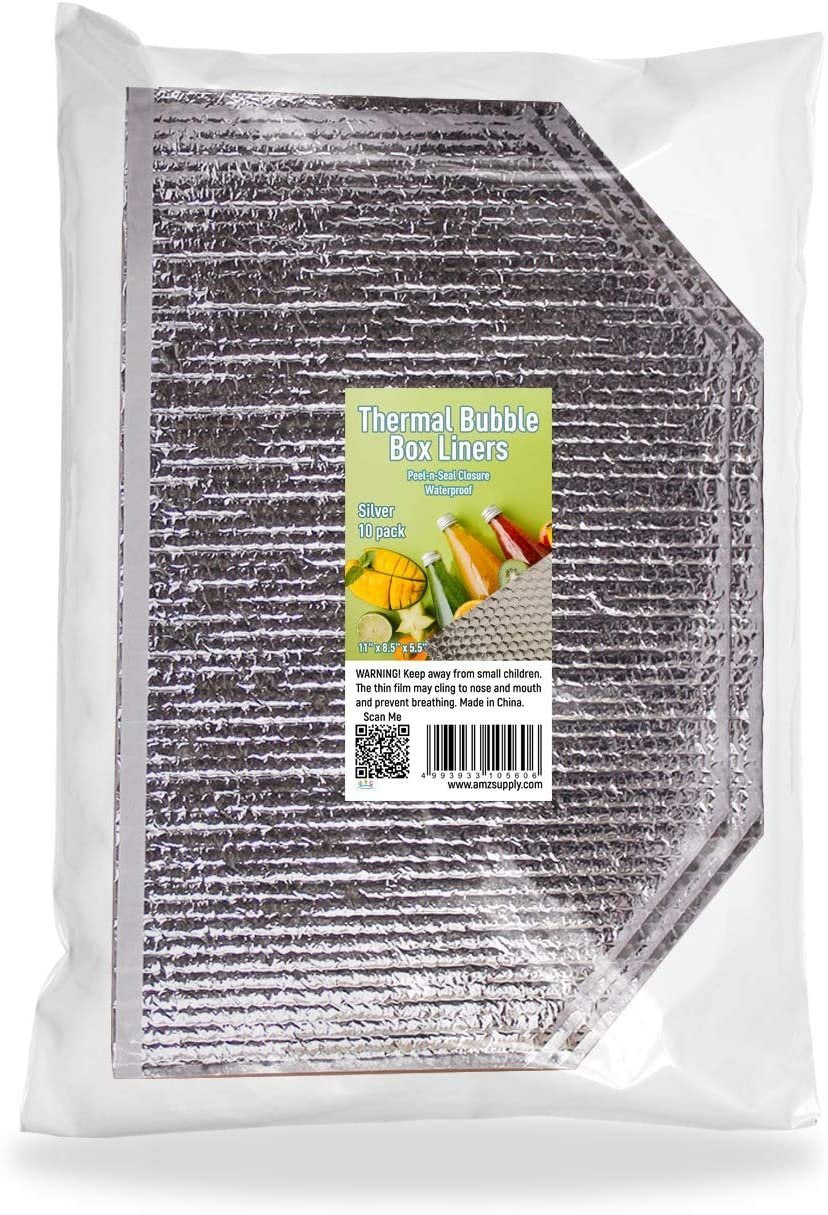 Pack of 10 Thermal Box Liners 11 x 8.5 x 5.5 Metalized Box Liners 11 x 8 1/2 x 5 1/2 Foil Insulated Liners with Gusseted Bottom Adhesive Shipping Bags
