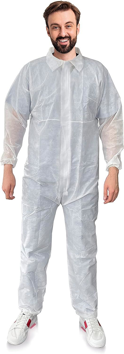 Disposable Coverall. White Polypropylene 30 gsm Workwear Large. Unisex Full Body Protective Suit. Elastic Wrists & Ankles; Zipper. Industrial PPE Clothing for Cleaning; Painting.