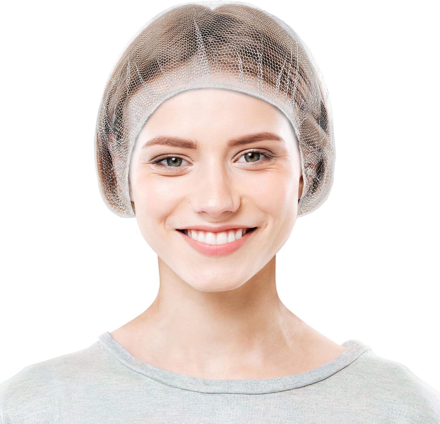 White Nylon Hair Nets 24". Pack of 100 Disposable Hairnets Caps with Elastic Edge Mesh. Stretchable Adult Hair Covers for General Use; Cooking; Food Service. Unisex; Heavyweight; Breathable.