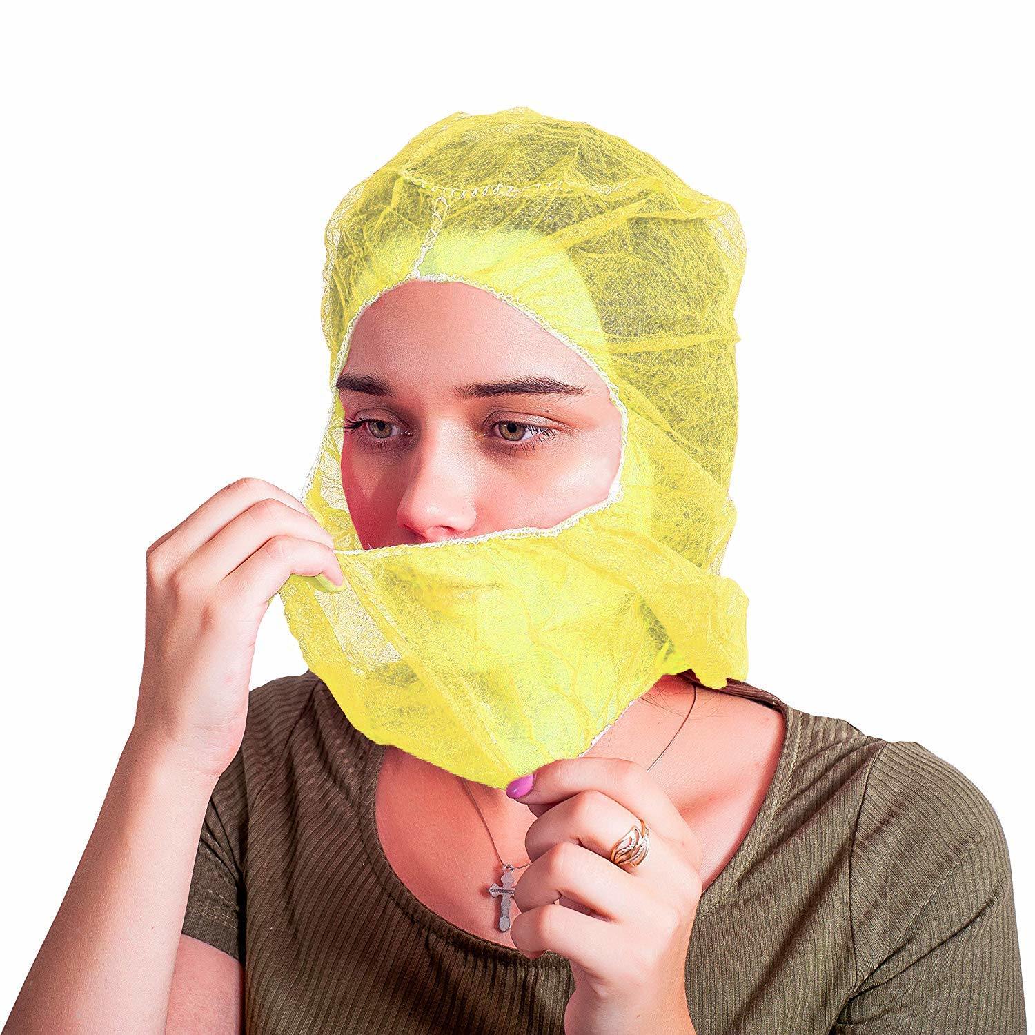 100 Pack Polypropylene Hooded Caps. Yellow Non Woven Hoods with elastic closure. Disposable Bouffant Hoods. Unisex Hair Covers for Food Service; Insustrial Use. Breathable; Lightweight. One size.