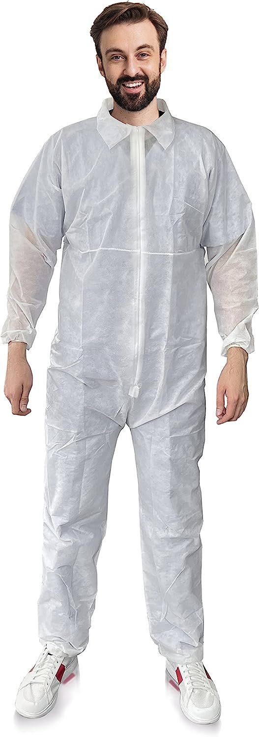 Disposable Coverall. White Polypropylene 30 gsm Workwear Small. Unisex Full Body Protective Suit. Elastic Wrists & Ankles; Zipper. Industrial PPE Clothing for Cleaning; Painting.