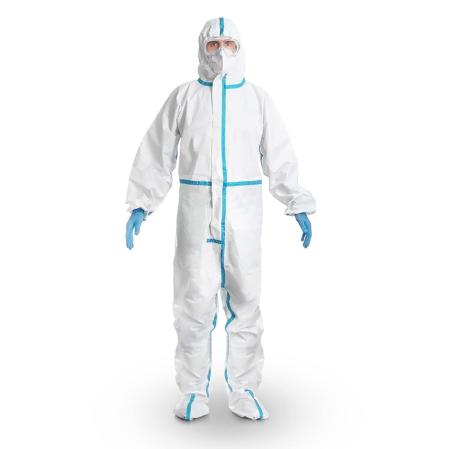 Disposable Coverall. White Polypropylene 50 gsm Overall with Waterproof Microporous Film. Laminated Small Full Body Protective Suit with Hood and Boots. Unisex PPE Clothing for Painting.