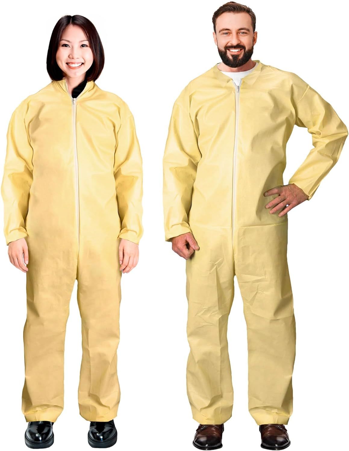 Yellow Disposable Coveralls Large; Liquid Resistant Hazmat Suits Disposable Pack Of 5; Polyethylene Coated Polypropylene Protective Suits 82 GSM With Folded Collar; Open Cut Wrists; Ankles