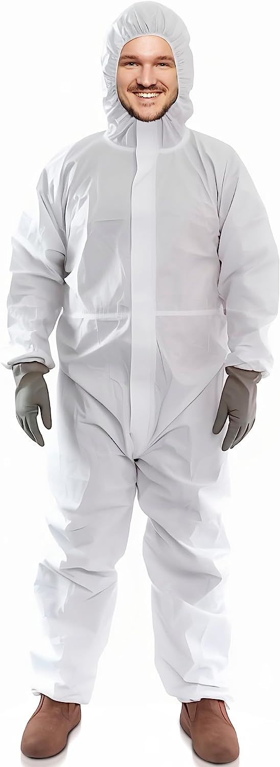 Hazmat Suits Disposable Coveralls Medium. Pack of 5 White Protective Suits with Attached Hood; Zipper Front. 60 gsm Microporous Paint Suit; Protective Clothing; Unisex Painters Suit