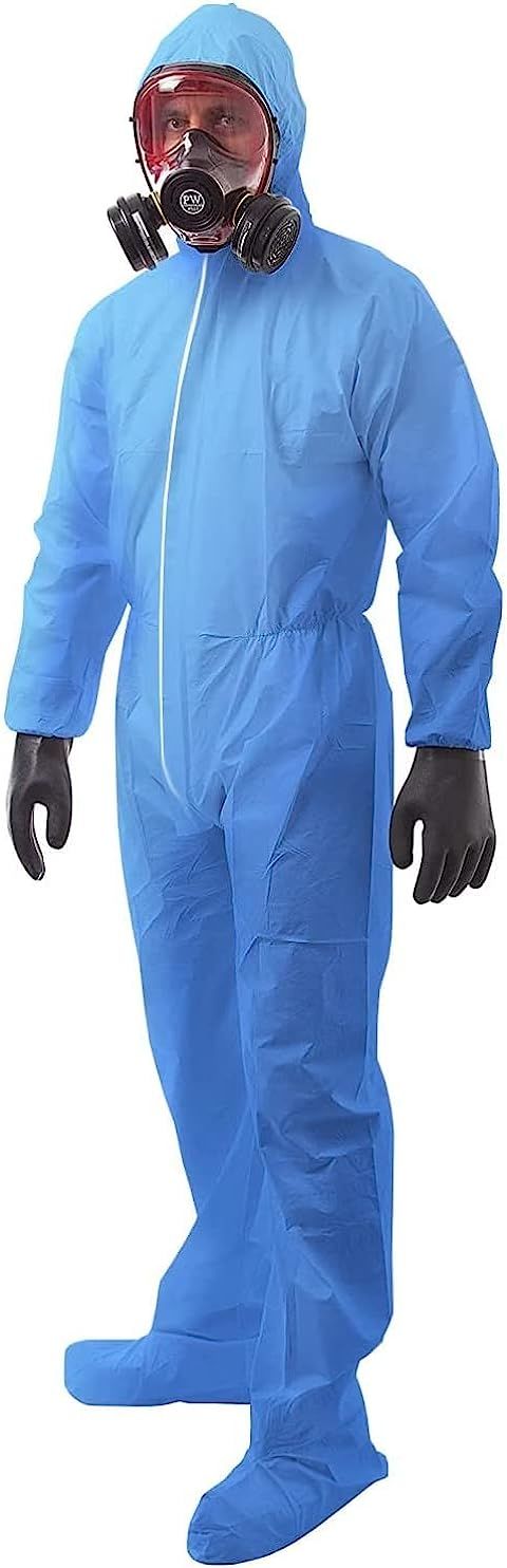 Disposable Coveralls X-Large. Pack of 5 Blue Hazmat Suits; 50 gsm Polypropylene Coveralls. Unisex Protective Suits with Zipper Front; Attached Hood and Boots; Elastic Wrists. Paint Suit