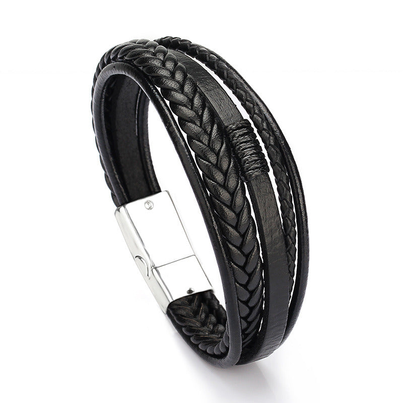 Trendy  Leather Bracelets Men Stainless Steel Multilayer Braided Rope Bracelets