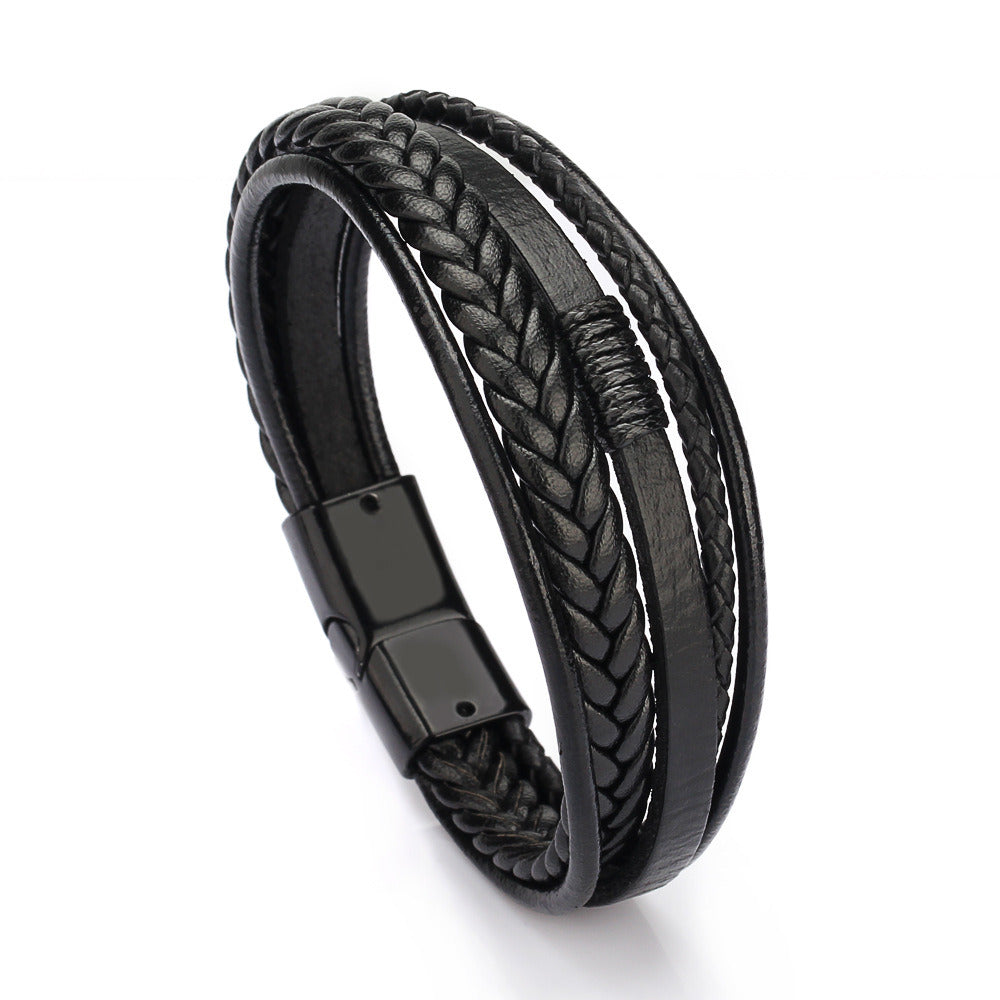 Trendy  Leather Bracelets Men Stainless Steel Multilayer Braided Rope Bracelets