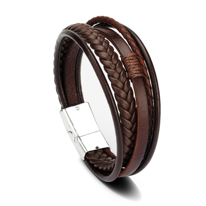 Trendy  Leather Bracelets Men Stainless Steel Multilayer Braided Rope Bracelets