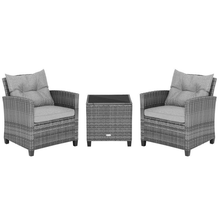 3 Pieces Outdoor Wicker Conversation Set with Tempered Glass Tabletop