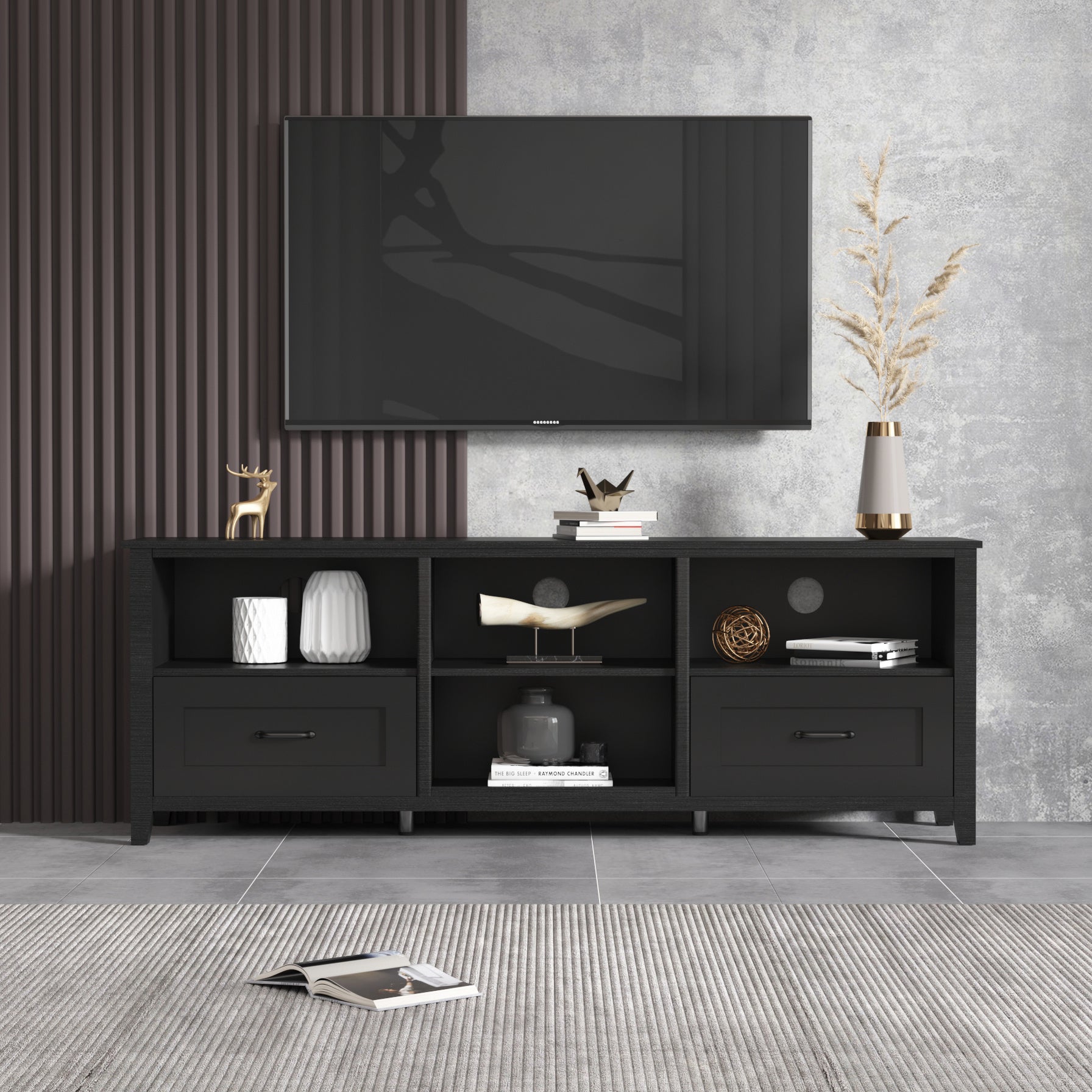 70.08 Inch Length Black TV Stand for Living Room and Bedroom; with 2 Drawers and 4 High-Capacity Storage Compartment.