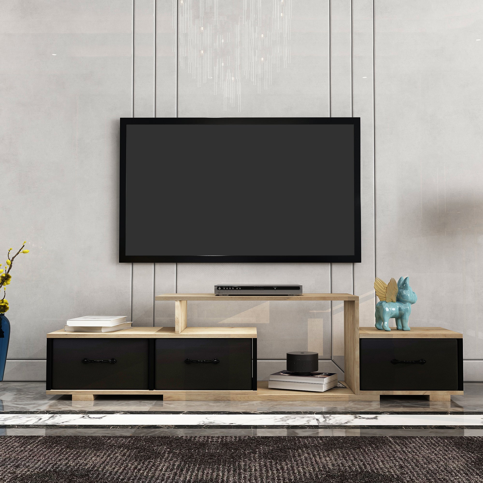 Mordern TV Stand with quick assemble; wood grain and black easy open fabrics drawers for TV Cabinet; can be assembled in Lounge Room; Living Room or Bedroom; High quality furniture