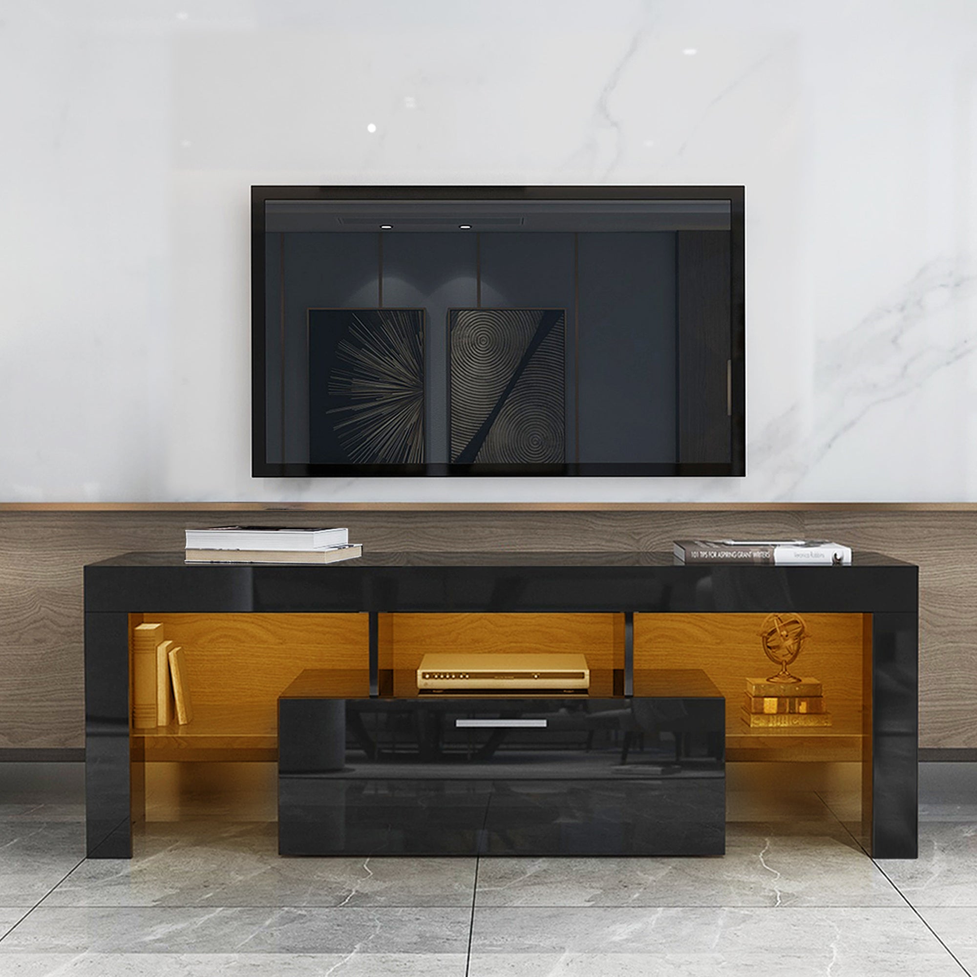 Black morden TV Stand with LED Lights; high glossy front TV Cabinet; can be assembled in Lounge Room; Living Room or Bedroom; color:BLACK