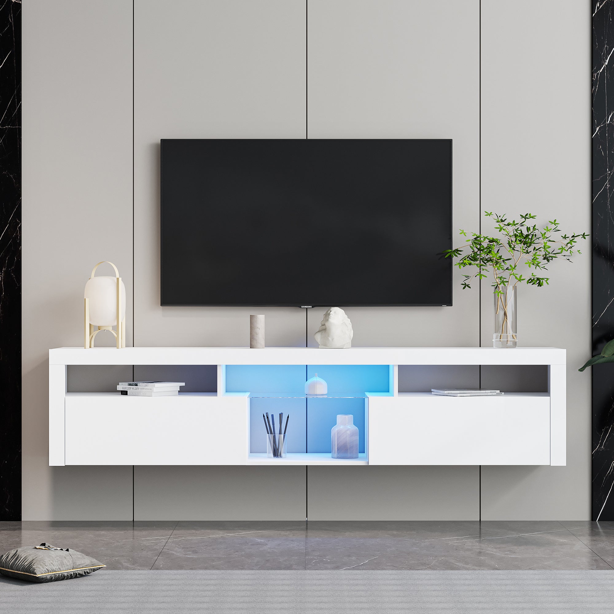 White modern simple TV cabinet; 2 Storage Cabinet with Open Shelves for Living Room Bedroom