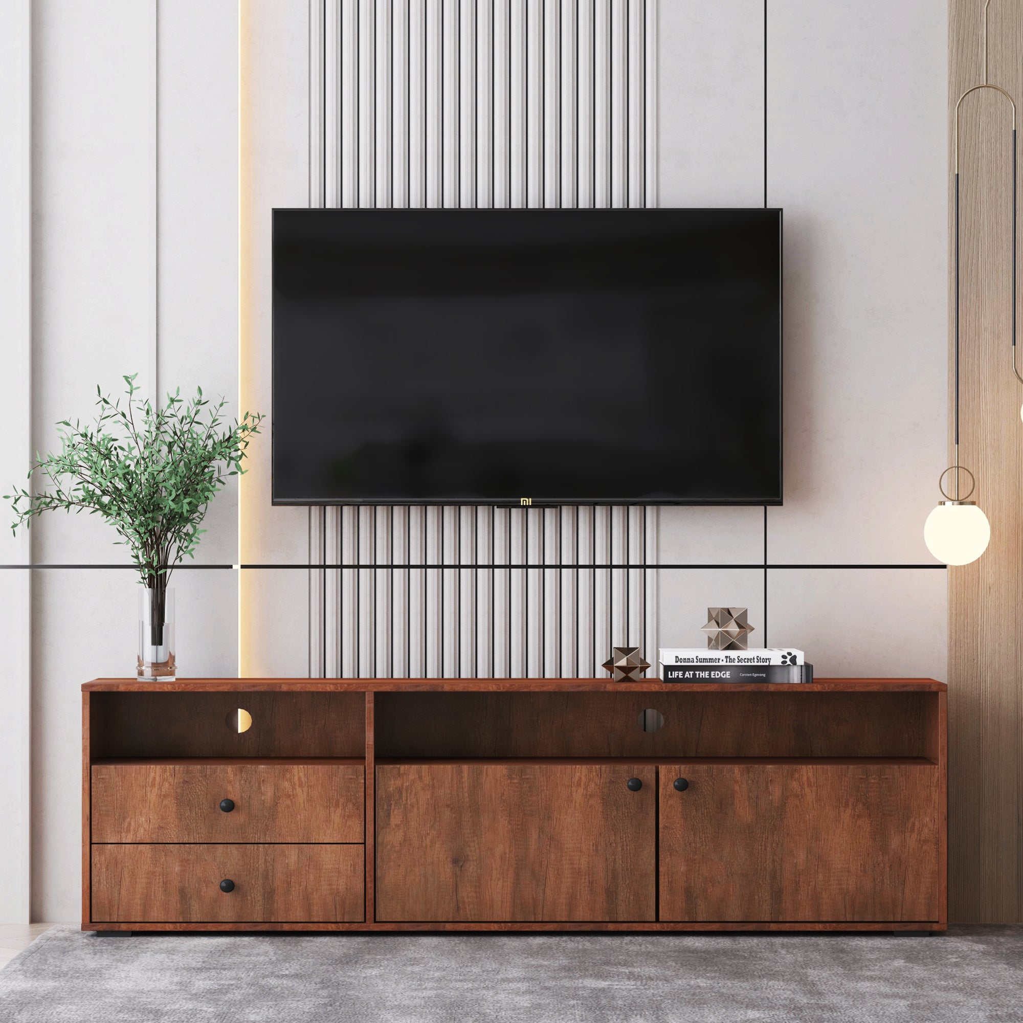 62.99 &quot;Modern style multi-storage dark brown slide rail TV cabinet