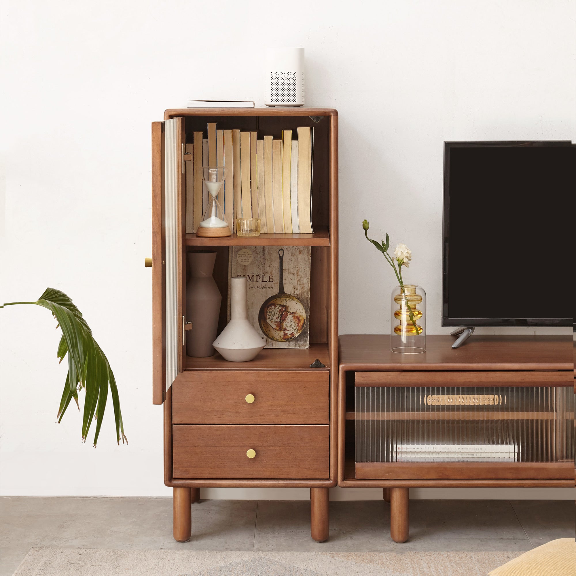 Storage Cabinet for Living Room - Free-Standing Corner Cabinets Storage Table with Vintage Glass Door; 2 Shelves; 2 Drawers & Brass Handle for Entryway Kitchen Hallway TV Stand; 37.4"H (Walnut)