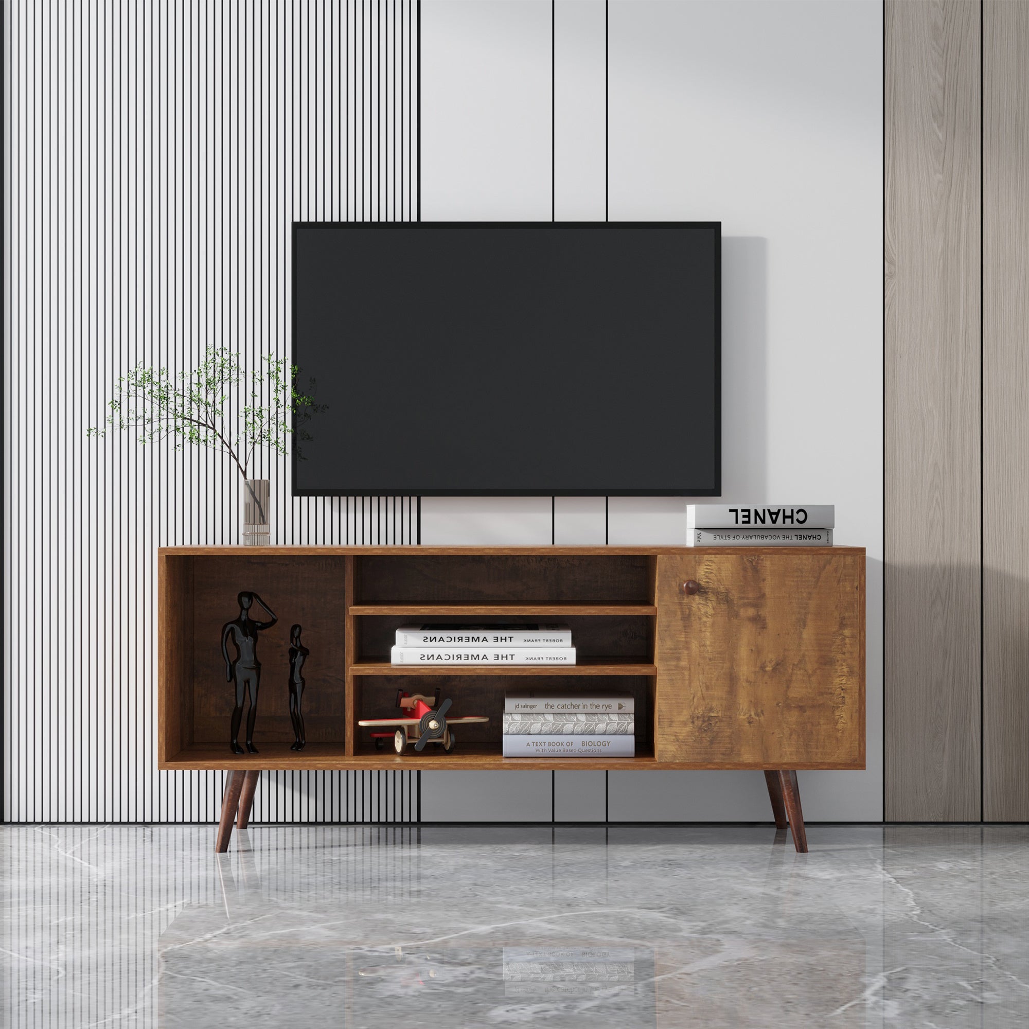 TV Stand Use in Living Room Furniture with 1 storage and 2 shelves Cabinet; high quality particle board; Walnut