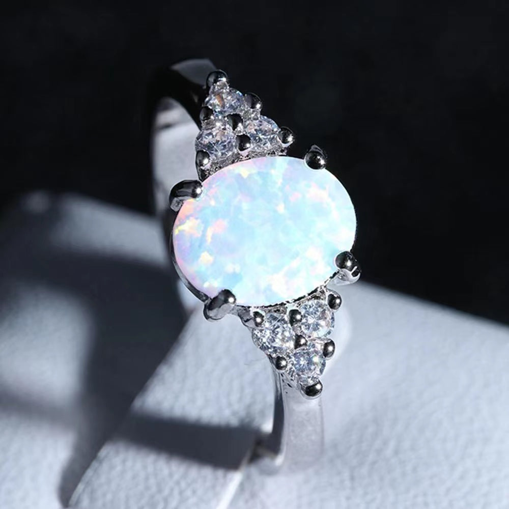 Women Rings Oval White Opal Ring Female Luxury Jewelry Brilliant Zircon Girl's Holiday Gift Party New