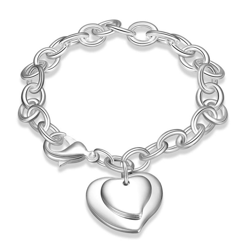 Silver Plate Vintage Elegant Chain Bracelet Heart Pendant Charm Bangle