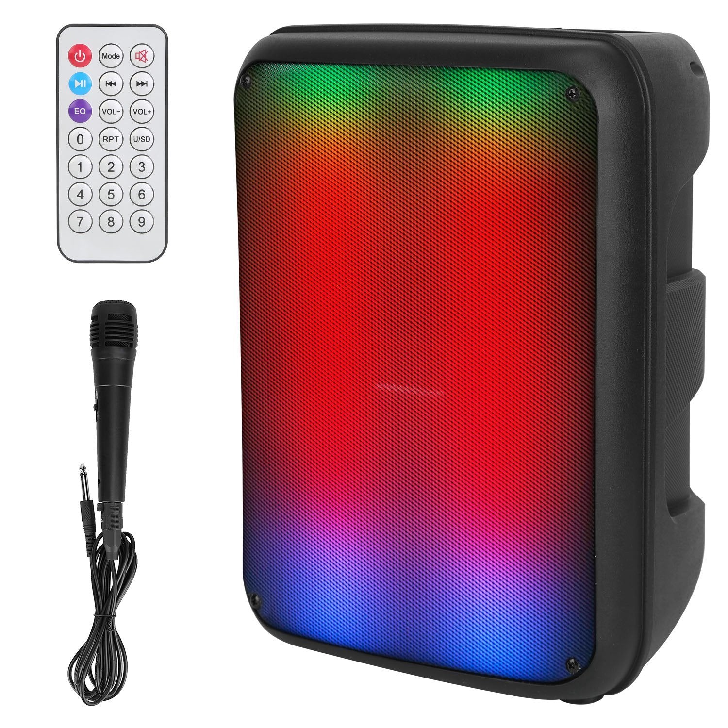 Portable Wireless Party Speaker 8in Colorful Lights DJ PA System with TWS Function FM Radio USB MMC Card Reading Aux In Recording Function Mic