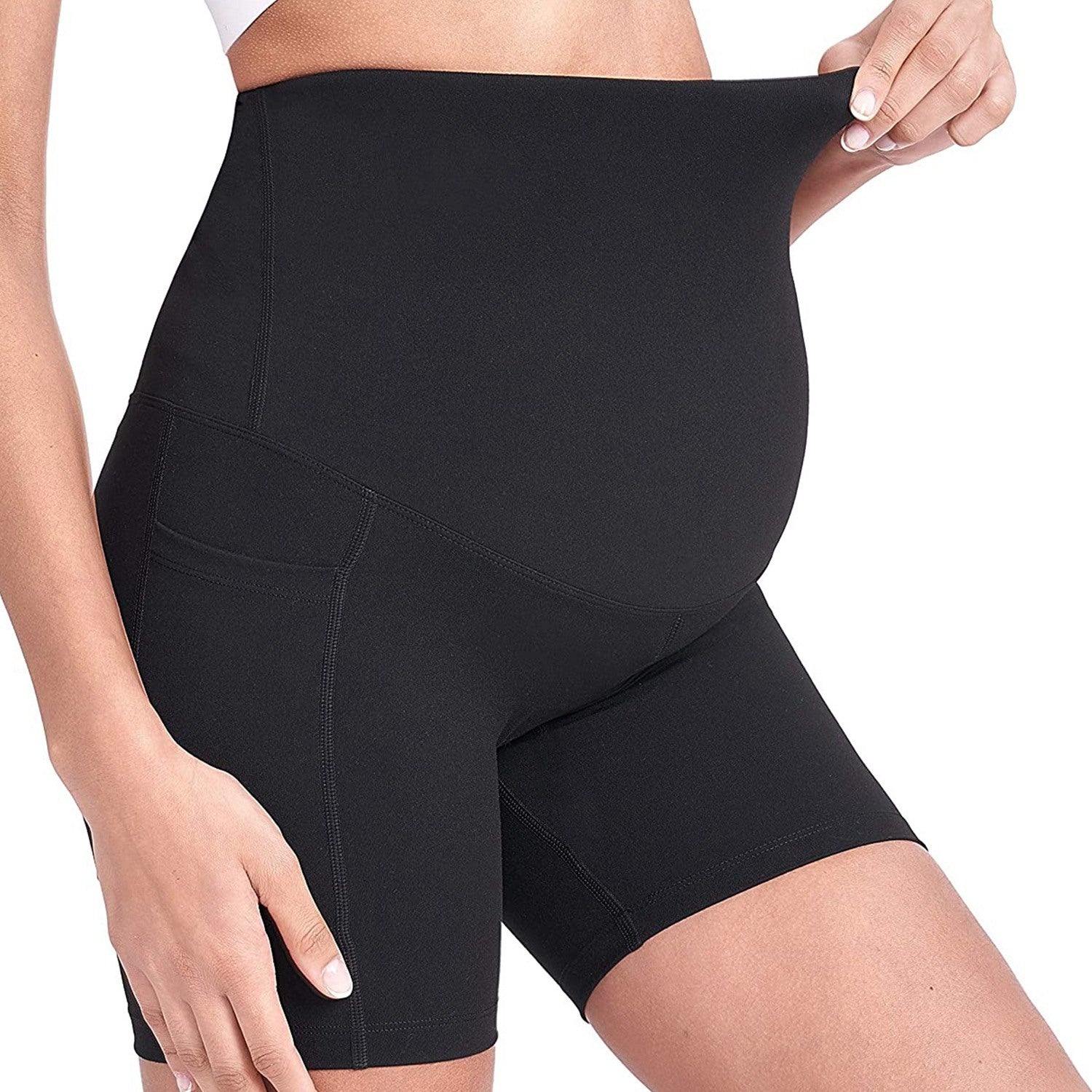 Women Maternity Shorts Seamless Pregnancy Underwear Shapewear Fitness Yoga Running Shorts High Waist Over The Belly Pants with Two Side Pockets