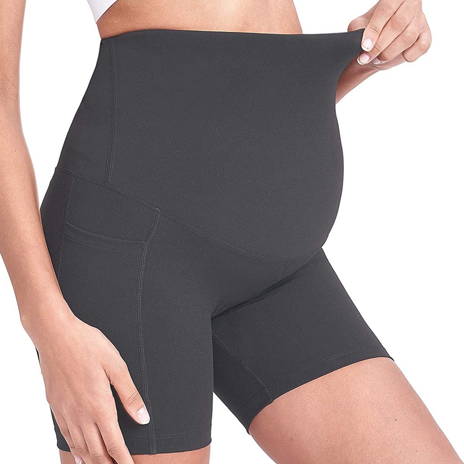 Women Maternity Shorts Seamless Pregnancy Underwear Shapewear Fitness Yoga Running Shorts High Waist Over The Belly Pants with Two Side Pockets