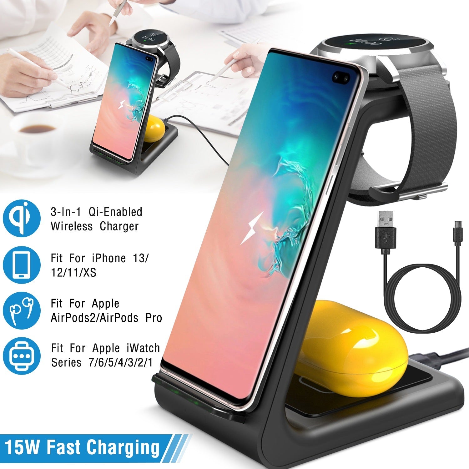 15W 3 in 1 Wireless Charger Dock Fast Charging Station Stand Holder