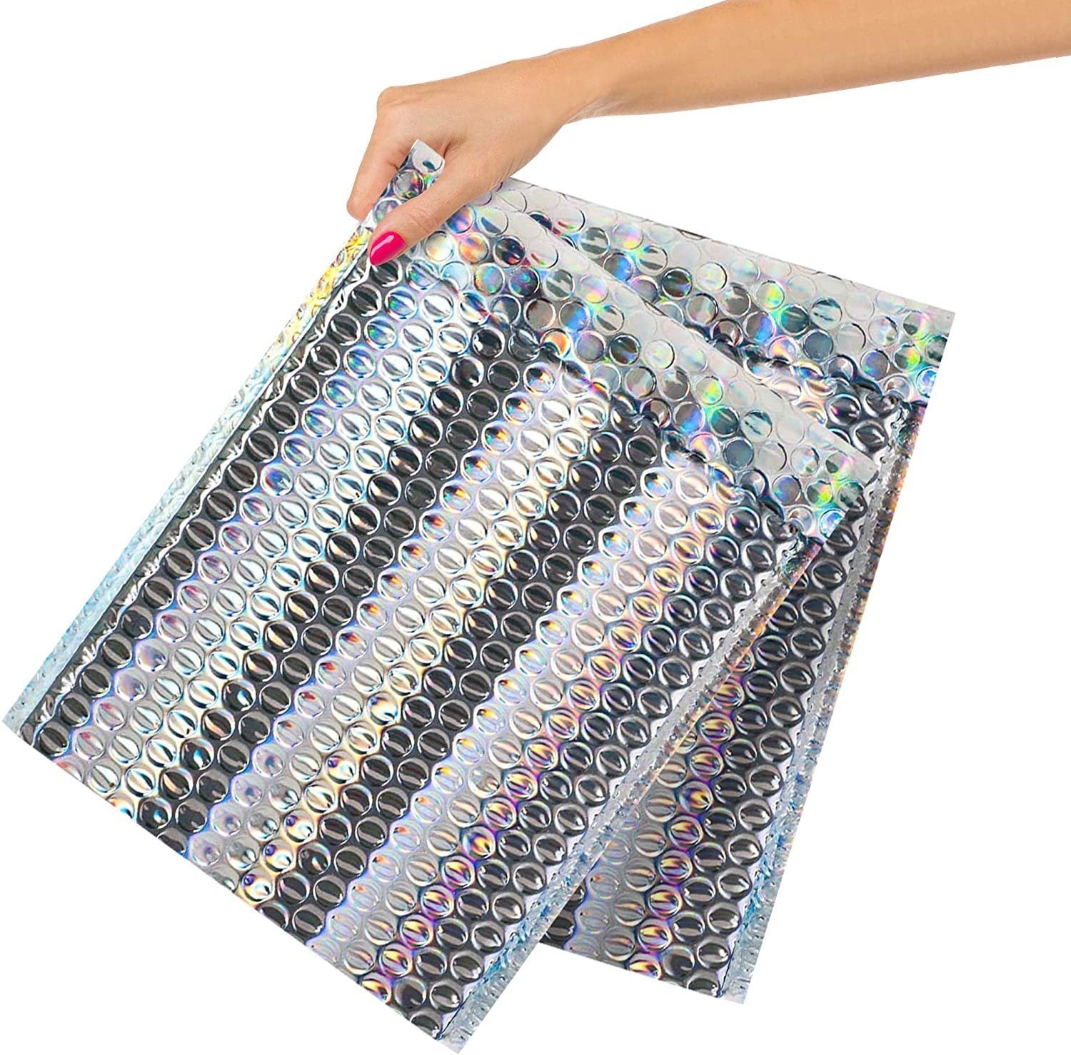 250 Pack Metallic Holographic Bubble Mailers 5x9. Bubble Lined Holo Padded Envelopes 5 x 9 Silver Cushion Envelopes Peal and Seal. Adhesive Shipping Bags for Mailing; Packing. Packaging in Bulk.