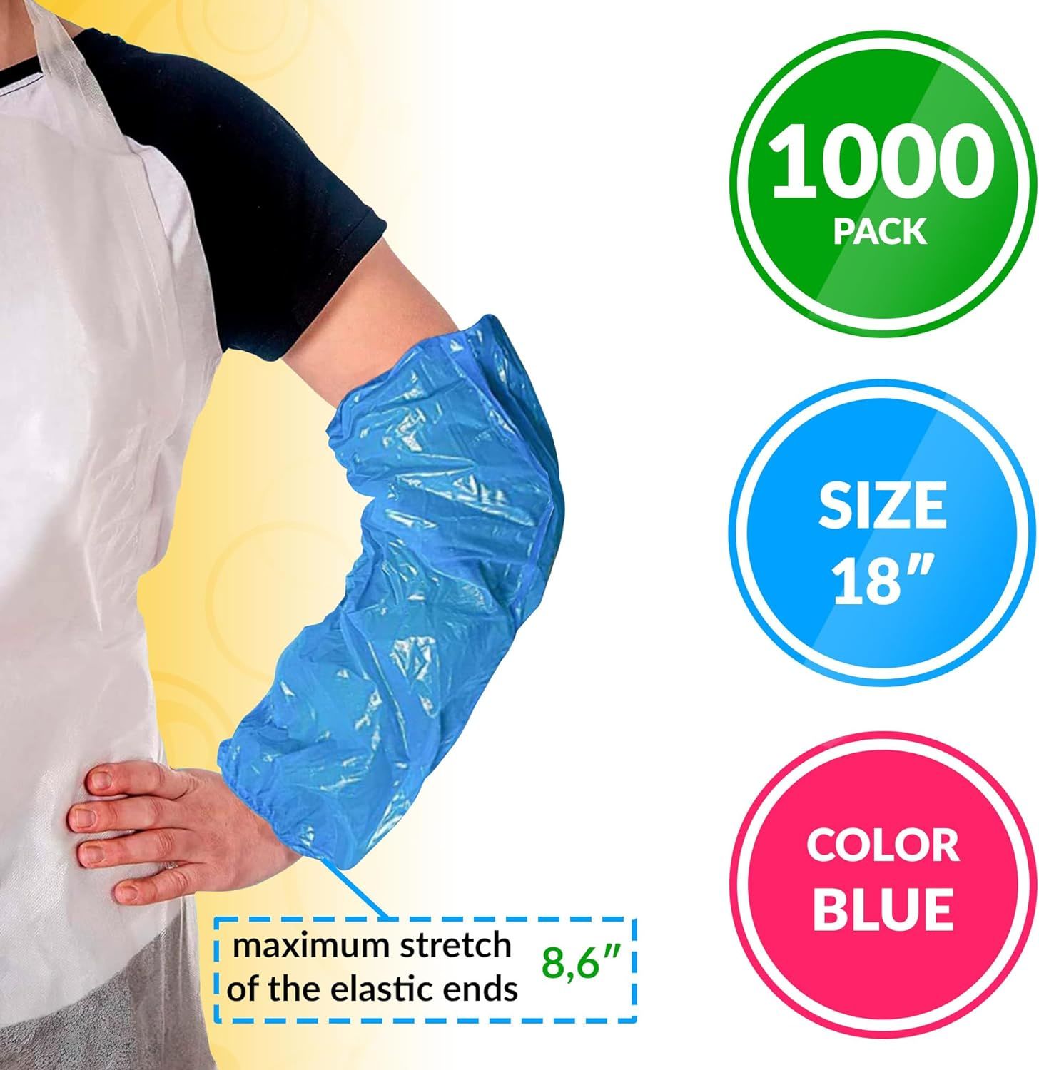 1000 Pack Blue PE Oversleeves 18' Size Oil Resistant Disposable Oversleeves 2 Mil Thickness Polyethylene Protective Oversleeves with Elasticated Wrist