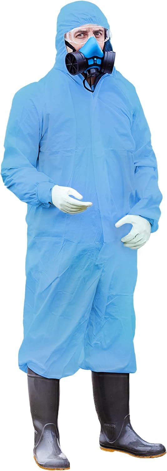 Pack of 25 Blue SMS Coveralls with Hood; Elastic Cuffs; Ankles; Waist; Zipper. XX-Large Industrial Coveralls. Unisex Disposable PPE Workwear for Cleaning; Painting. Breathable Full Body Suit.