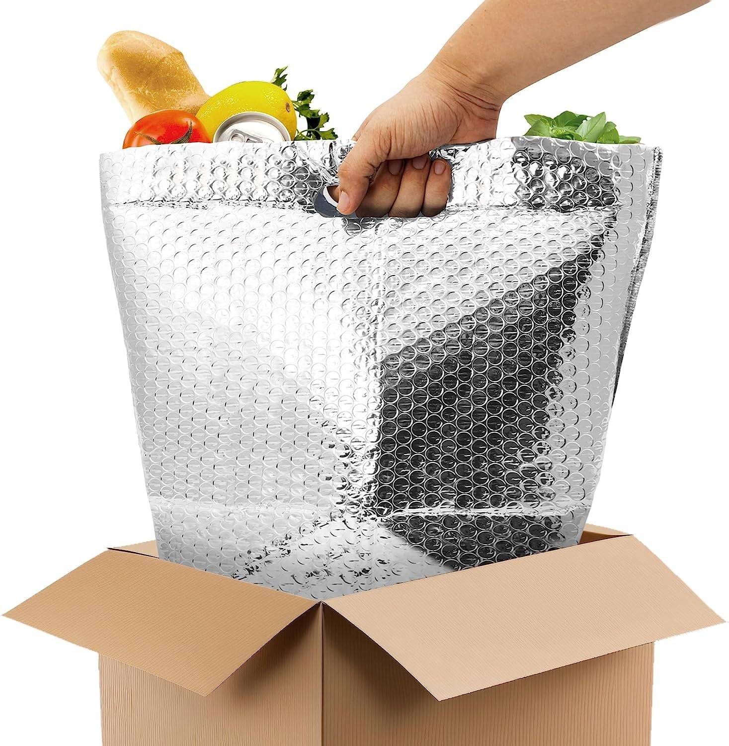 Pack of 10 Insulated Thermal Bubble Bags with Hand Hole 12 x 10 x 9. Lightweight High Capacity Metallized Foil Tote Bag; Easy Use Adhesive Tape Seal C