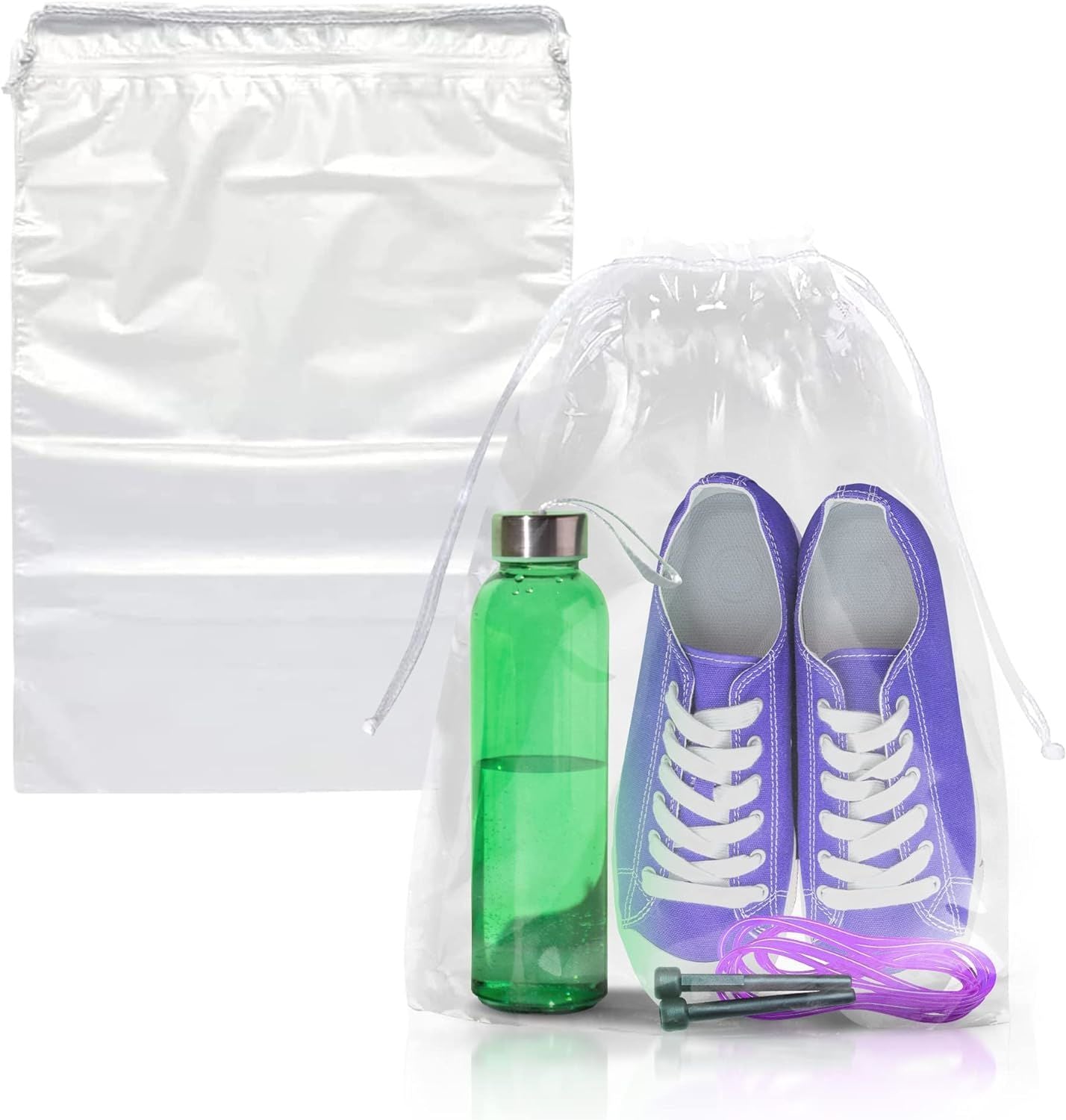 Travel Shoe Bags 18" x 24" in Bulk. Pack of 500 Clear Plastic 2 mil Pouches with Drawstring Closures for Packing; Storing; Carrying. Waterproof Portable Storage for Shoes; Sneakers; Boots.