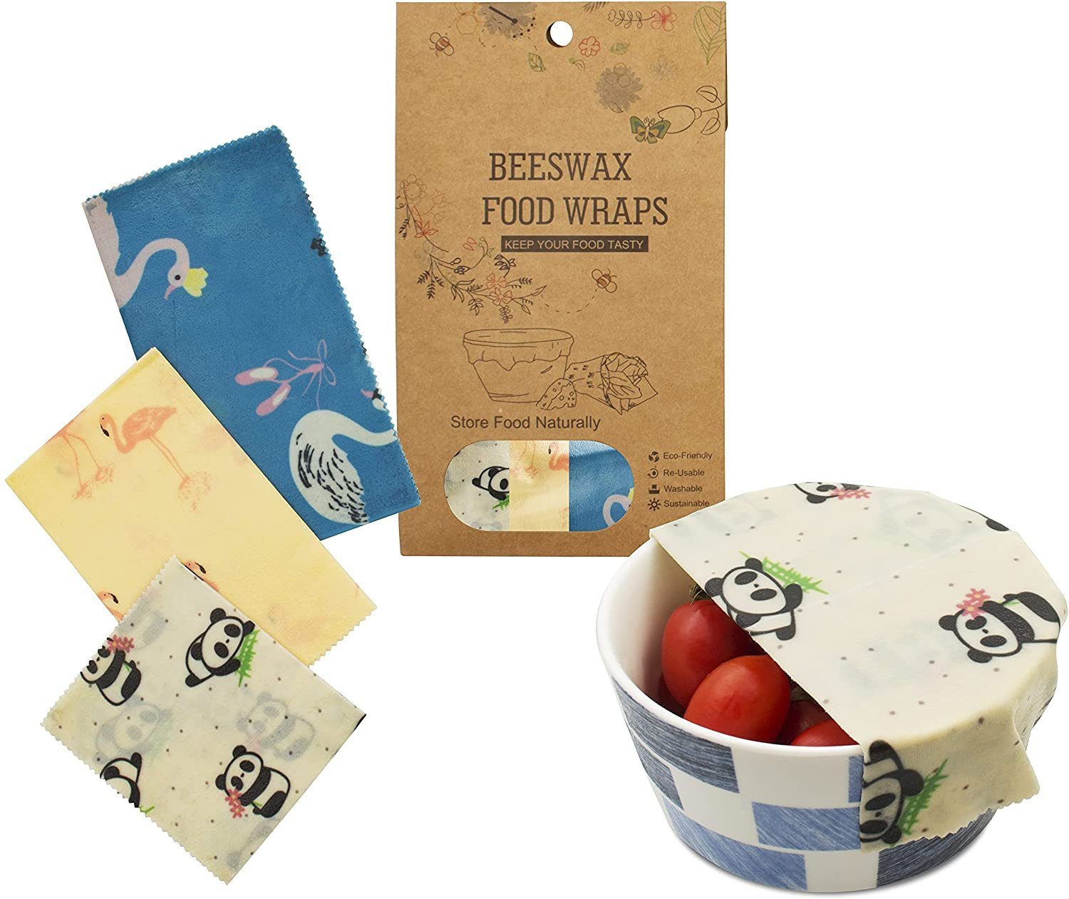 Beeswax Food Wraps. Pack of 3 Assorted Organic Bee Wax Wrapping Papers with Flowers. Reusable Set of Small; Medium; Big Natural Cloth Wrappers