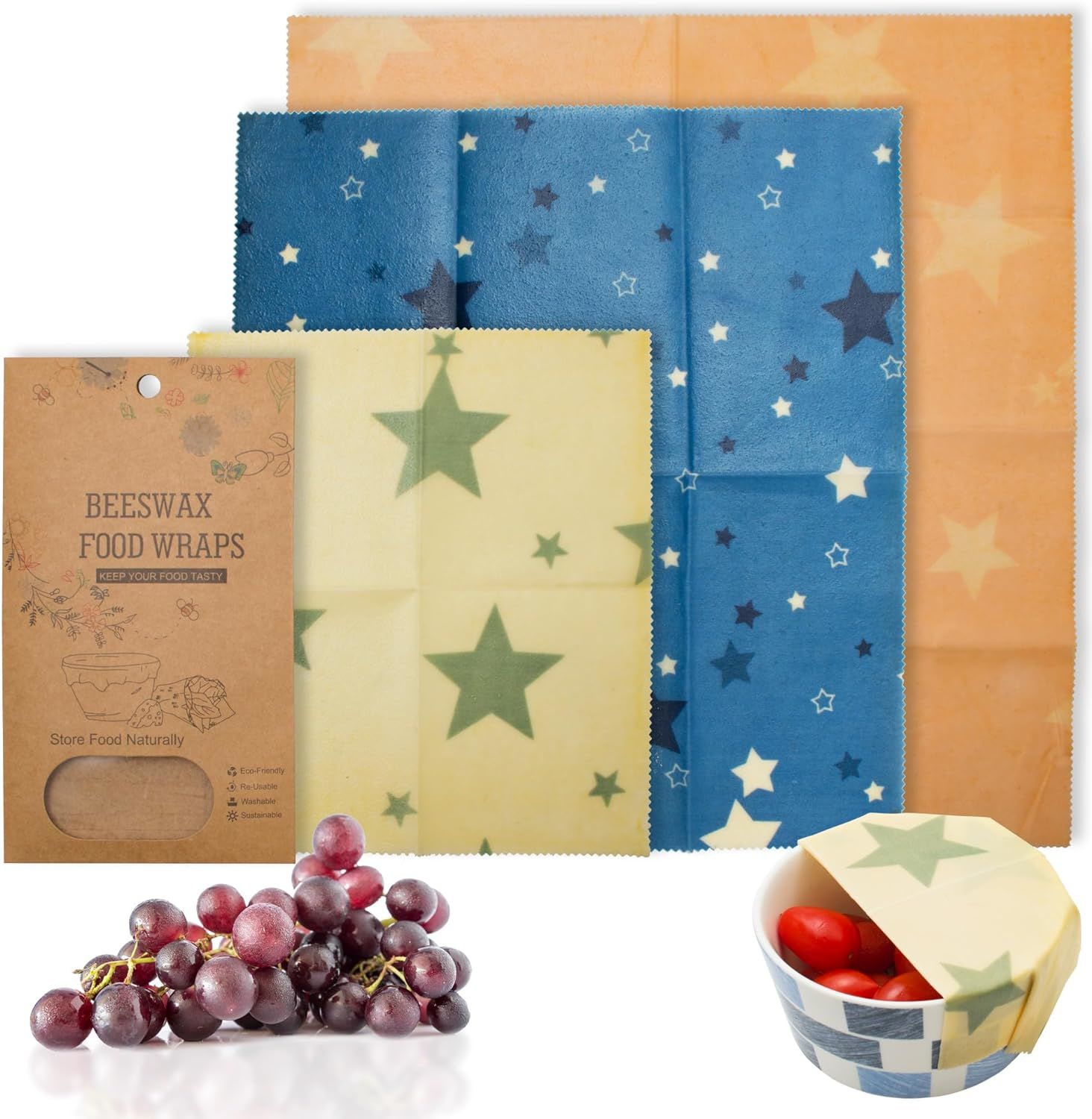 Beeswax Food Wraps. Pack of 3 Assorted Organic Bee Wax Wrapping Papers with Stars. Reusable Set of Small; Medium; Big Natural Cloth Wrappers.
