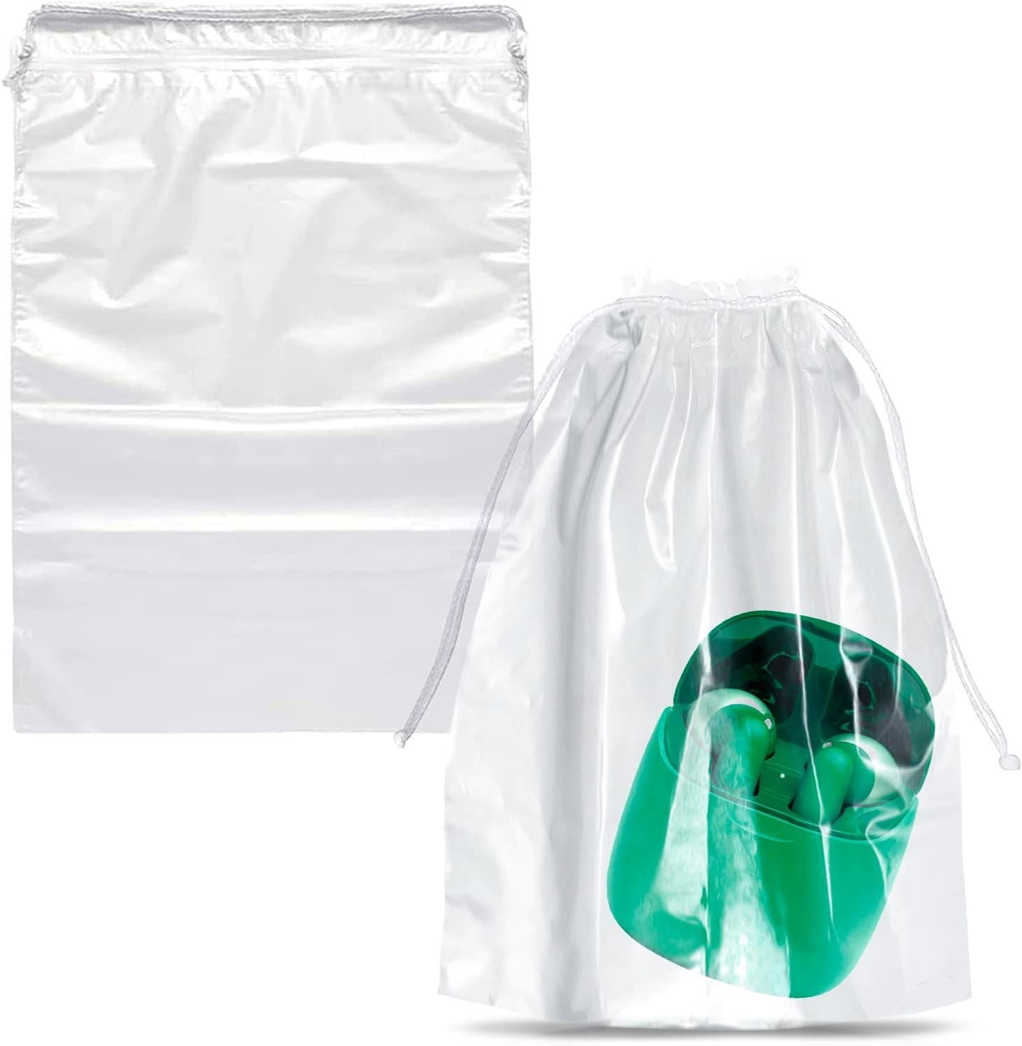 Clear Drawstring Bags 5" x 8"; Pack of 100 Travel Shoe Bags for Packing; Shipping; Storage; 2 mil Waterproof Clear Plastic Bag with Double Cotton Drawstrings; Odorless Shoe Dust Bags